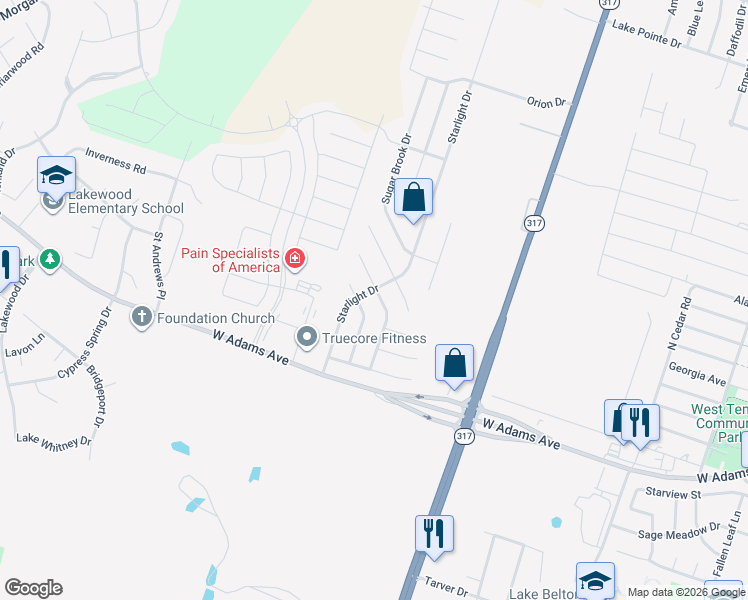 map of restaurants, bars, coffee shops, grocery stores, and more near 320 Peanut Drive in Temple