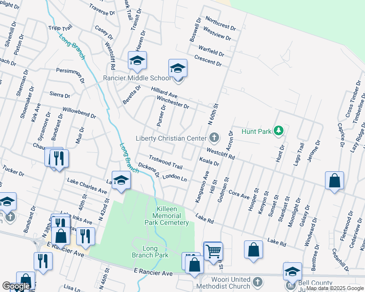 map of restaurants, bars, coffee shops, grocery stores, and more near 2202 Barry Drive in Killeen