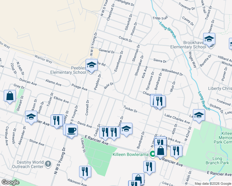 map of restaurants, bars, coffee shops, grocery stores, and more near 2603 Poage Avenue in Killeen