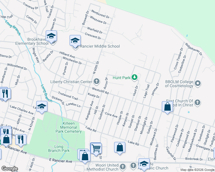 map of restaurants, bars, coffee shops, grocery stores, and more near 2101 Beta Circle in Killeen