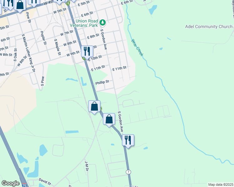 map of restaurants, bars, coffee shops, grocery stores, and more near 1009 South Gordon Avenue in Adel