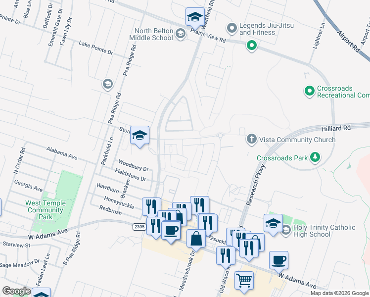 map of restaurants, bars, coffee shops, grocery stores, and more near 7517 Copper Creek Trail in Temple