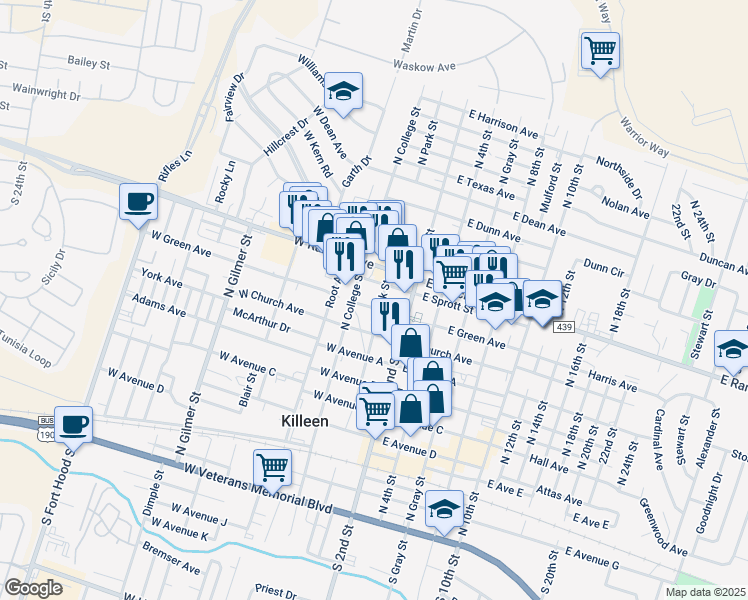 map of restaurants, bars, coffee shops, grocery stores, and more near 114 West Green Avenue in Killeen