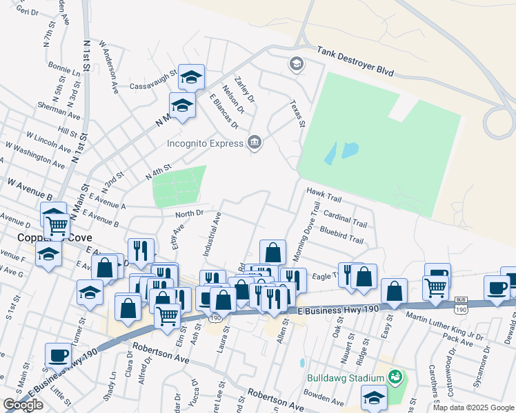 map of restaurants, bars, coffee shops, grocery stores, and more near 132 Wolfe Road in Copperas Cove