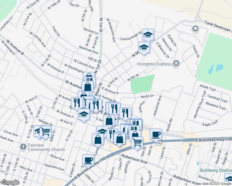 map of restaurants, bars, coffee shops, grocery stores, and more near 301 East Avenue B in Copperas Cove