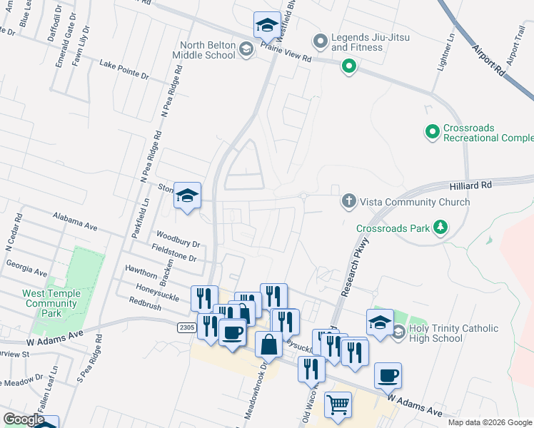 map of restaurants, bars, coffee shops, grocery stores, and more near 628 Ripplewood Drive in Temple