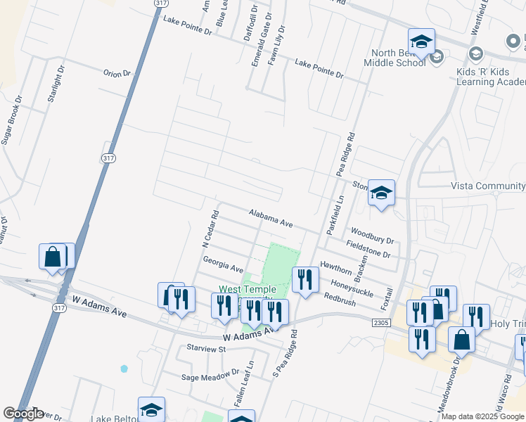 map of restaurants, bars, coffee shops, grocery stores, and more near 8502 Alabama Avenue in Temple