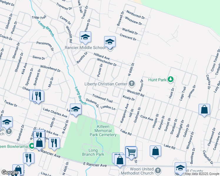 map of restaurants, bars, coffee shops, grocery stores, and more near 2202 Barry Drive in Killeen