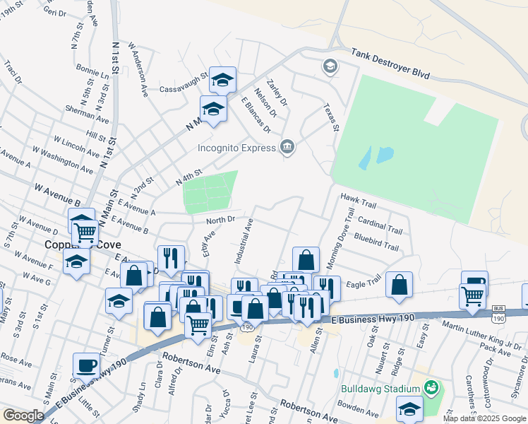 map of restaurants, bars, coffee shops, grocery stores, and more near 1108 Walt Morgan Circle in Copperas Cove