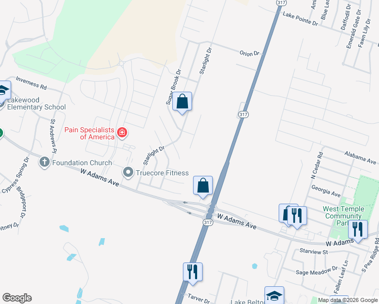 map of restaurants, bars, coffee shops, grocery stores, and more near 505 Pumpkin Drive in Temple