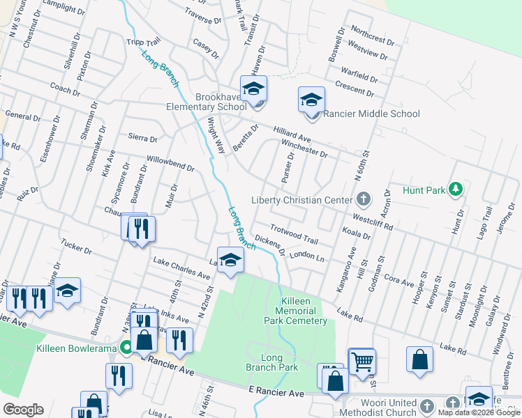 map of restaurants, bars, coffee shops, grocery stores, and more near 3607 Trotwood Trail in Killeen