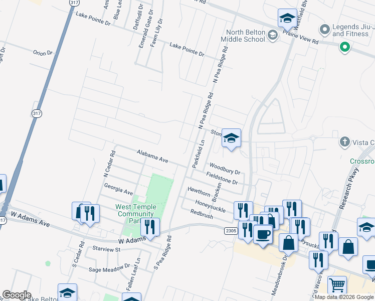 map of restaurants, bars, coffee shops, grocery stores, and more near 8206 Alabama Avenue in Temple