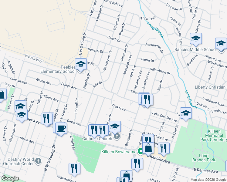map of restaurants, bars, coffee shops, grocery stores, and more near 1702 Sherman Drive in Killeen