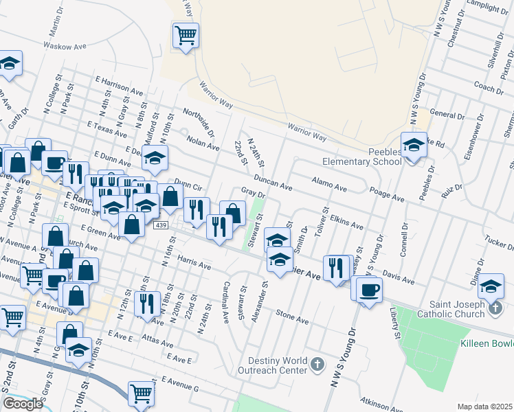 map of restaurants, bars, coffee shops, grocery stores, and more near 1301-1387 Culp Avenue in Killeen