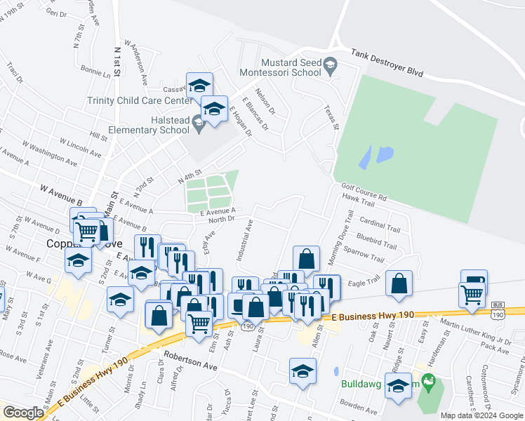 map of restaurants, bars, coffee shops, grocery stores, and more near 1106 Walt Morgan Circle in Copperas Cove
