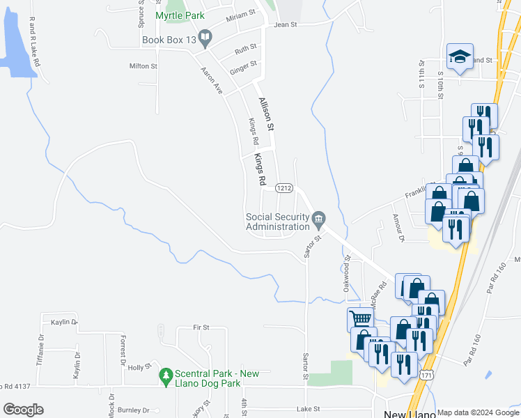 map of restaurants, bars, coffee shops, grocery stores, and more near 2109 Kings Road in Leesville