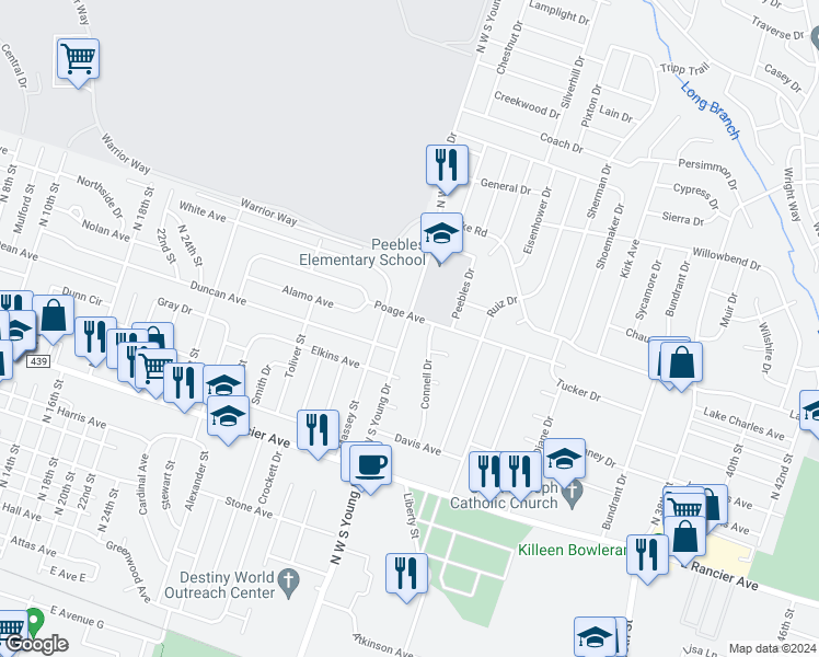 map of restaurants, bars, coffee shops, grocery stores, and more near 1603 North West South Young Drive in Killeen