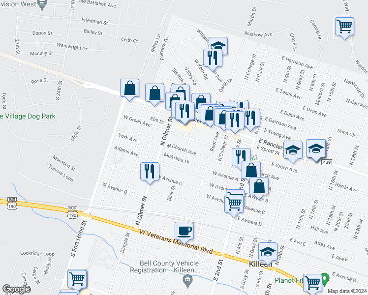 map of restaurants, bars, coffee shops, grocery stores, and more near 514 West Green Avenue in Killeen