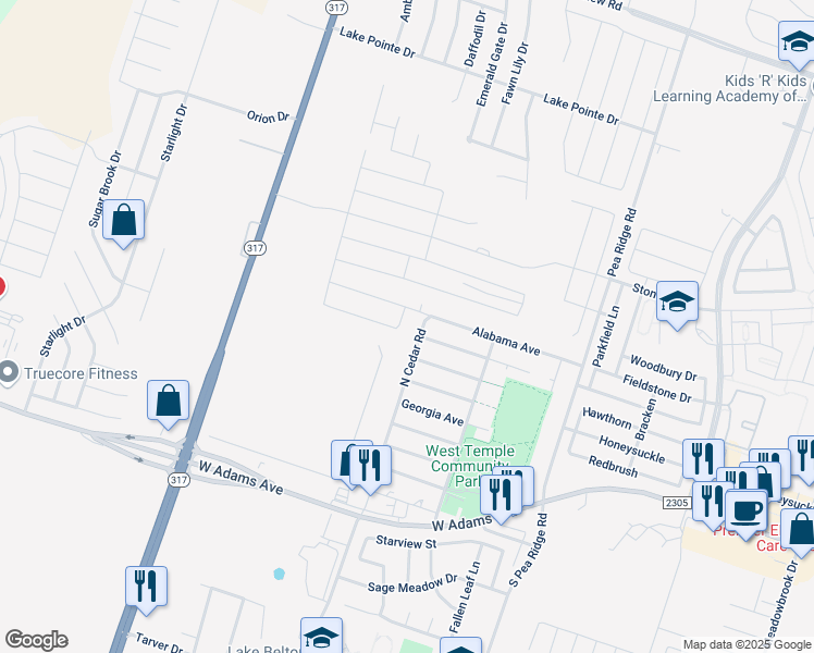 map of restaurants, bars, coffee shops, grocery stores, and more near 230 North Cedar Road in Temple
