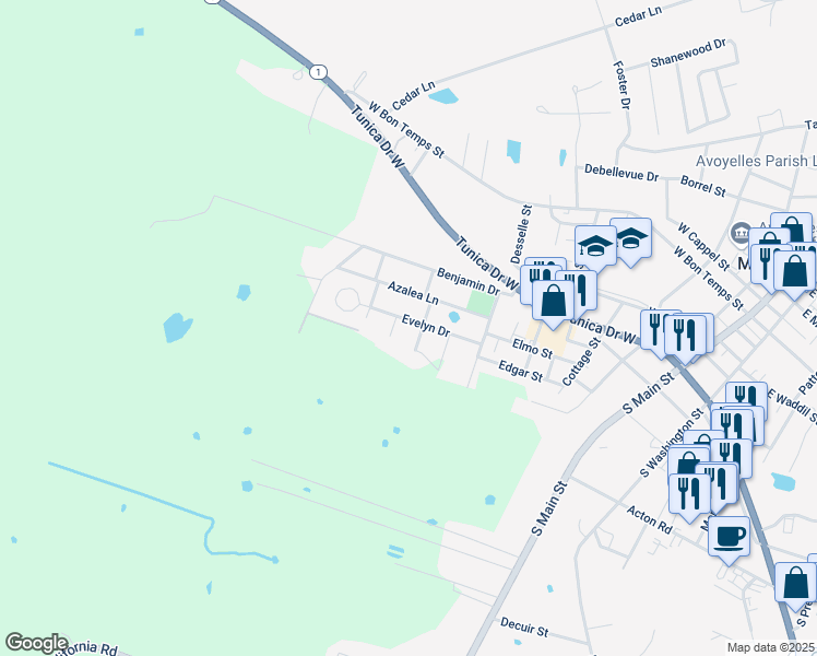 map of restaurants, bars, coffee shops, grocery stores, and more near 717 Azalea Lane in Marksville