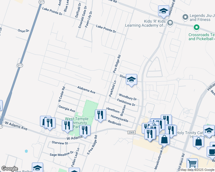 map of restaurants, bars, coffee shops, grocery stores, and more near 528 Parkfield Lane in Temple