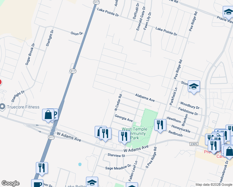 map of restaurants, bars, coffee shops, grocery stores, and more near 8802 Alabama Avenue in Temple