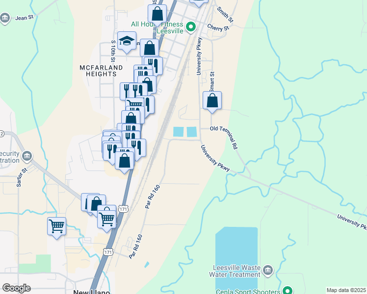 map of restaurants, bars, coffee shops, grocery stores, and more near 164 Par Road 160 in Leesville