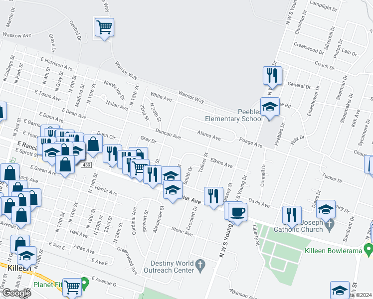 map of restaurants, bars, coffee shops, grocery stores, and more near 1601 Elkins Avenue in Killeen