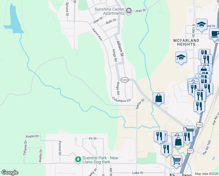 map of restaurants, bars, coffee shops, grocery stores, and more near 2002 Columbus Circle in Leesville