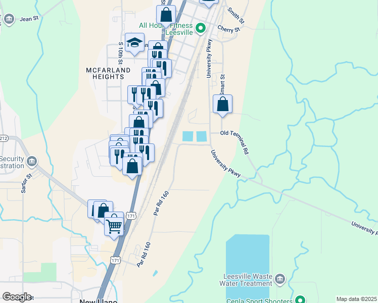 map of restaurants, bars, coffee shops, grocery stores, and more near 172 Par Road 160 in Leesville