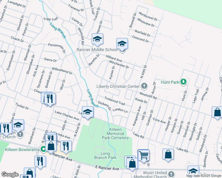 map of restaurants, bars, coffee shops, grocery stores, and more near 3704 Daniels Drive in Killeen