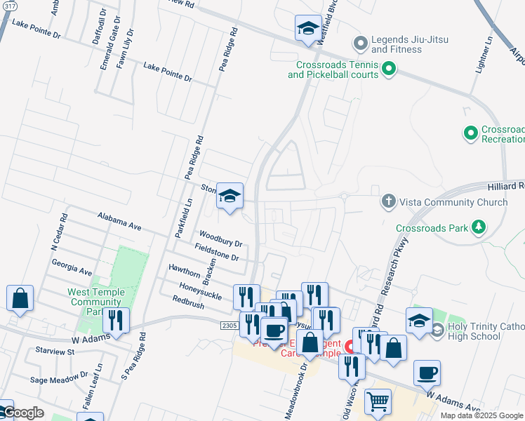 map of restaurants, bars, coffee shops, grocery stores, and more near 1168 Spring Terrace Loop in Temple