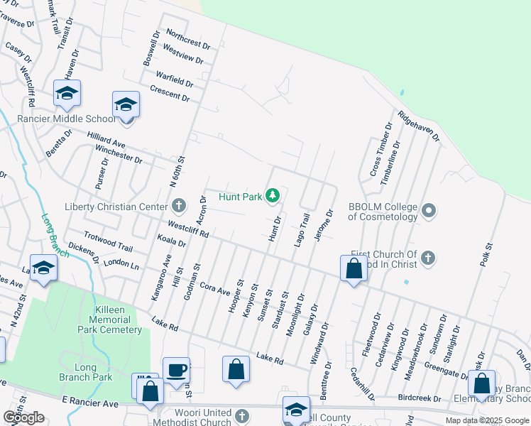 map of restaurants, bars, coffee shops, grocery stores, and more near 4406 Mountain View Drive in Killeen