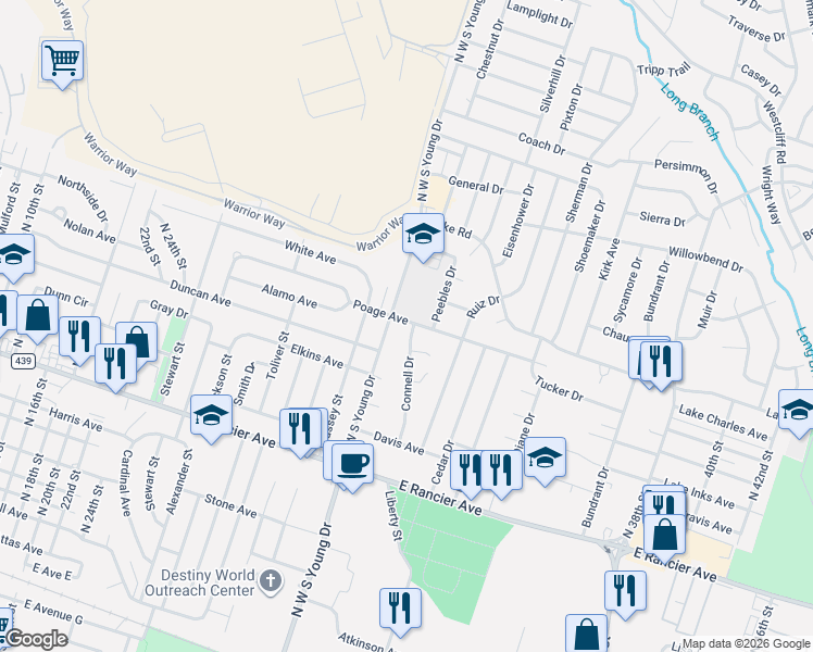 map of restaurants, bars, coffee shops, grocery stores, and more near 1603 North West South Young Drive in Killeen