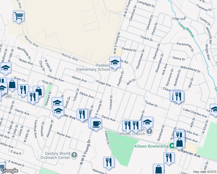 map of restaurants, bars, coffee shops, grocery stores, and more near 1603 North West South Young Drive in Killeen