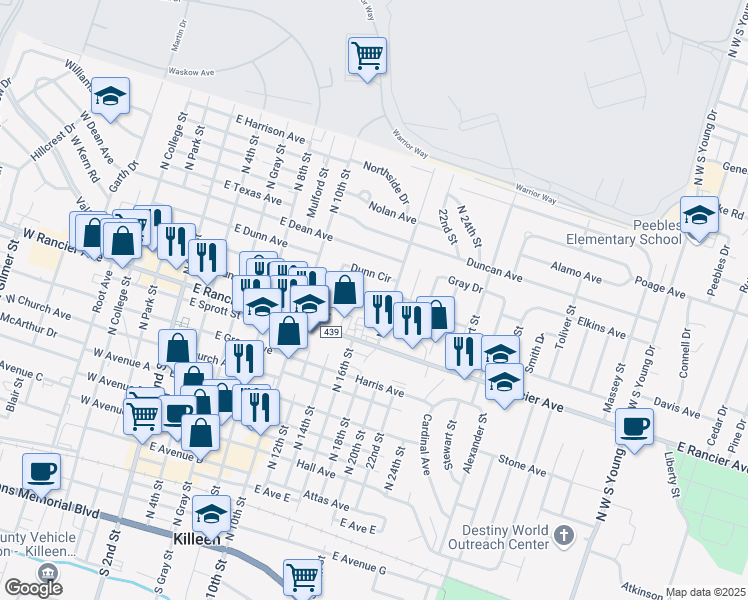 map of restaurants, bars, coffee shops, grocery stores, and more near 1105 North 18th Street in Killeen