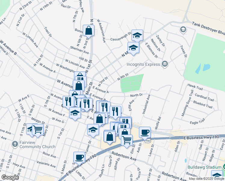 map of restaurants, bars, coffee shops, grocery stores, and more near 702 North 4th Street in Copperas Cove