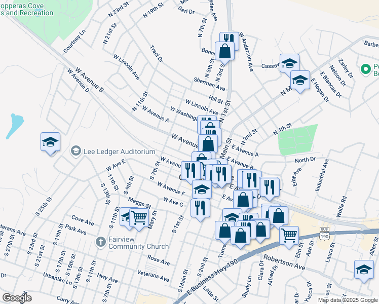 map of restaurants, bars, coffee shops, grocery stores, and more near 307 West Avenue B in Copperas Cove