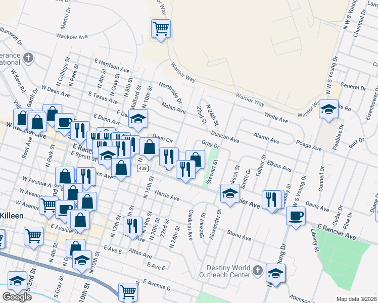 map of restaurants, bars, coffee shops, grocery stores, and more near 1112 Gray Drive in Killeen