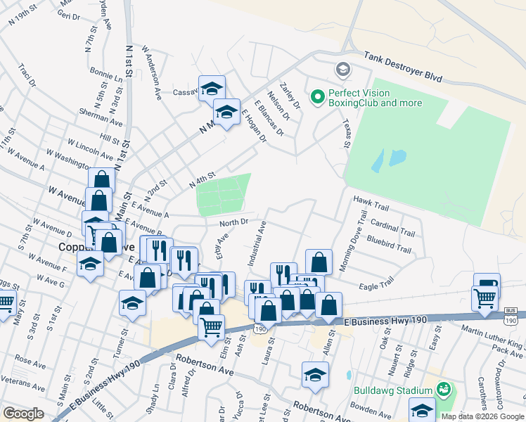 map of restaurants, bars, coffee shops, grocery stores, and more near 1009 Industrial Avenue in Copperas Cove