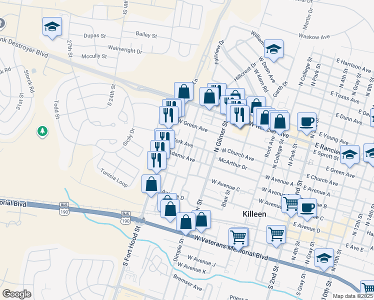 map of restaurants, bars, coffee shops, grocery stores, and more near 603 Murphy Street in Killeen