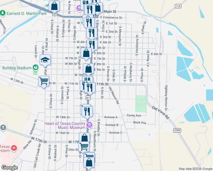 map of restaurants, bars, coffee shops, grocery stores, and more near 1109 South Elm Street in Brady
