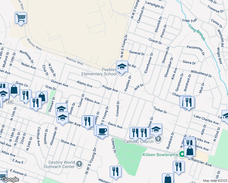 map of restaurants, bars, coffee shops, grocery stores, and more near 1603 North West South Young Drive in Killeen