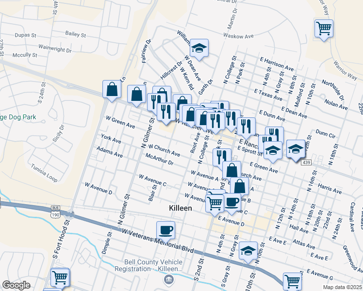 map of restaurants, bars, coffee shops, grocery stores, and more near 411 West Green Avenue in Killeen