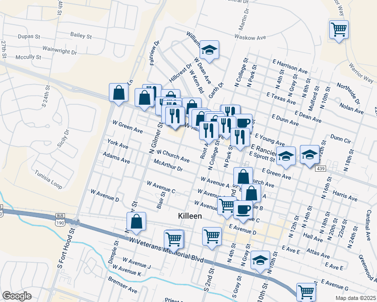 map of restaurants, bars, coffee shops, grocery stores, and more near 514 West Green Avenue in Killeen