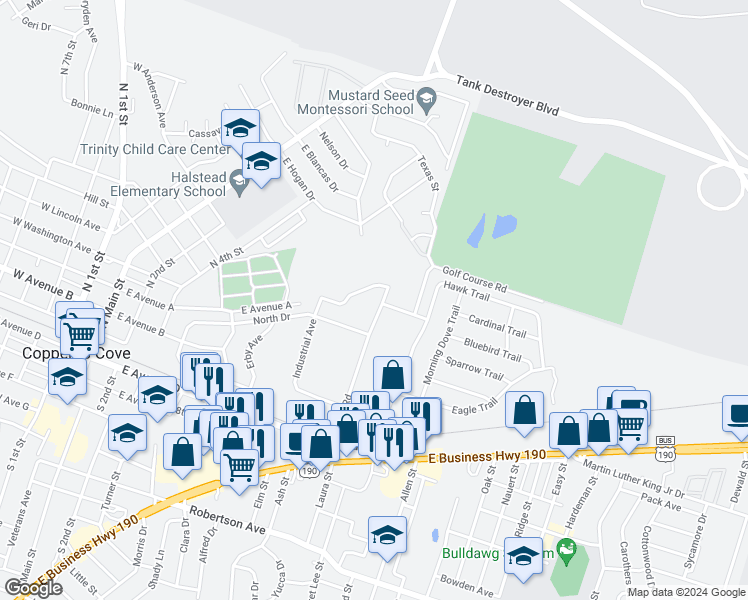 map of restaurants, bars, coffee shops, grocery stores, and more near 1228 Walt Morgan Circle in Copperas Cove