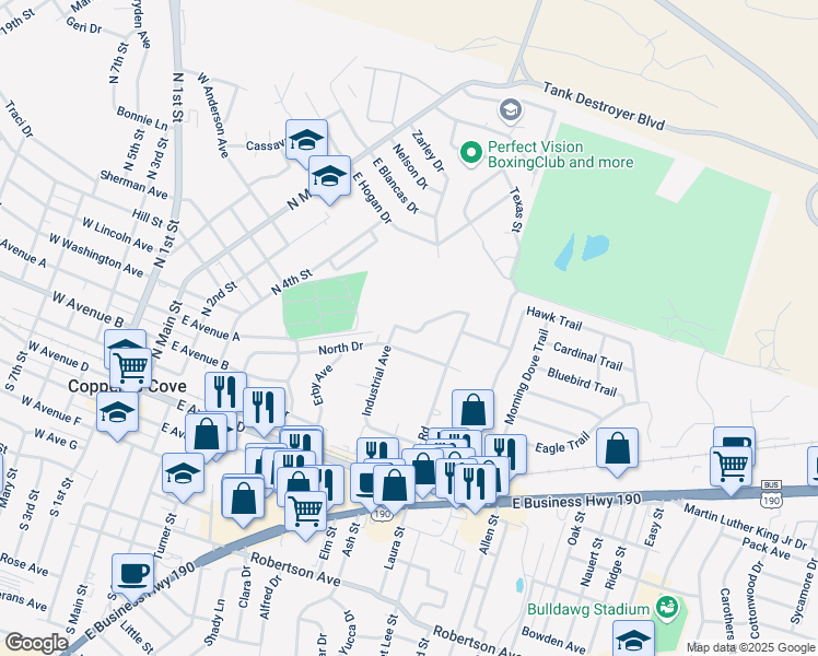 map of restaurants, bars, coffee shops, grocery stores, and more near 1205 Walt Morgan Circle in Copperas Cove