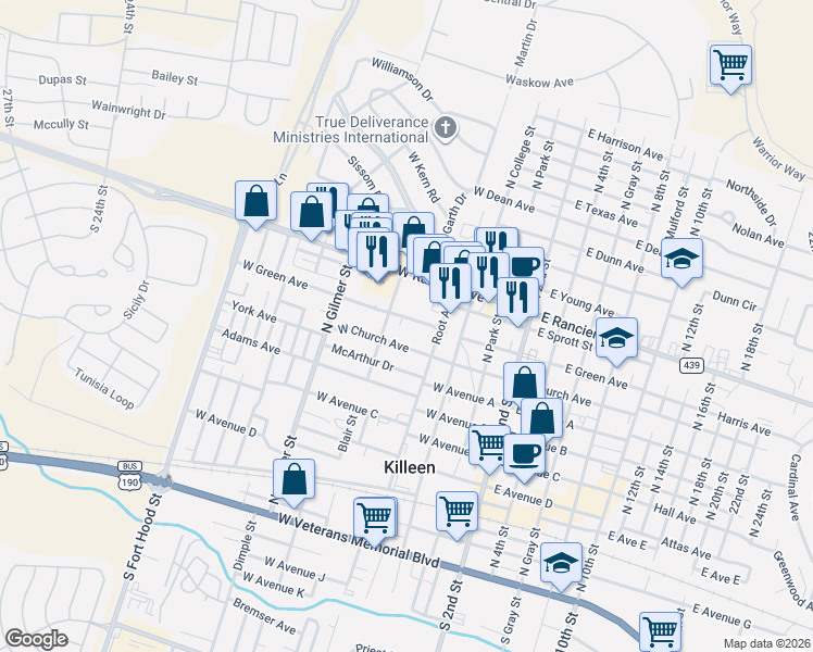 map of restaurants, bars, coffee shops, grocery stores, and more near 514 West Green Avenue in Killeen