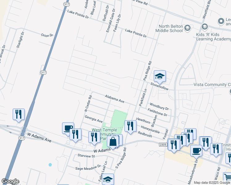 map of restaurants, bars, coffee shops, grocery stores, and more near 8502 Alabama Avenue in Temple