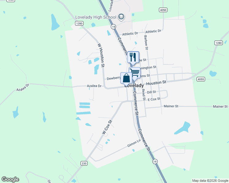 map of restaurants, bars, coffee shops, grocery stores, and more near 300 West Houston in Lovelady